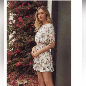 Saltwater Luxe - Smocked Ruffle - Cream/Blue/Pink - Floral Mini Dress - Size XS